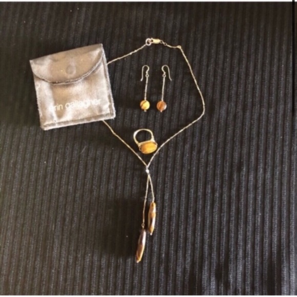 Erin Gallagher Tigers Eye Gold Tone Metal Chain Detail Jewelry Set - Picture 2 of 12